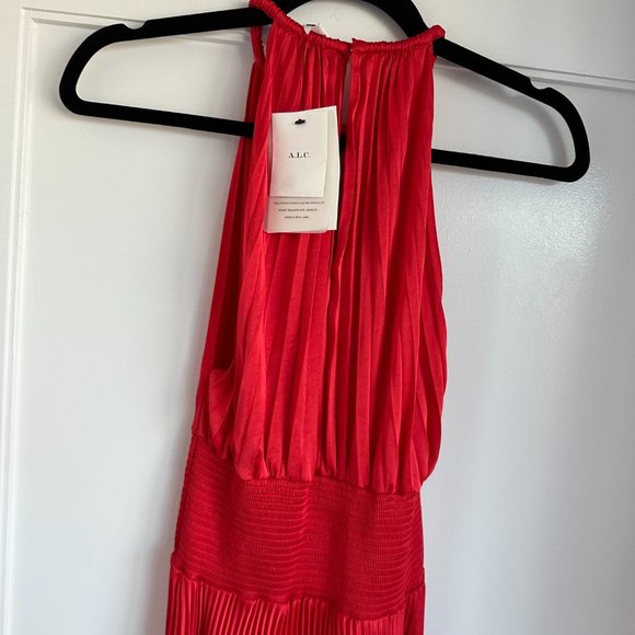 A.L.C. Renzo II Asymmetric Pleated Midi-dress Red Halter Neckline Smocked NWT - Picture 9 of 12